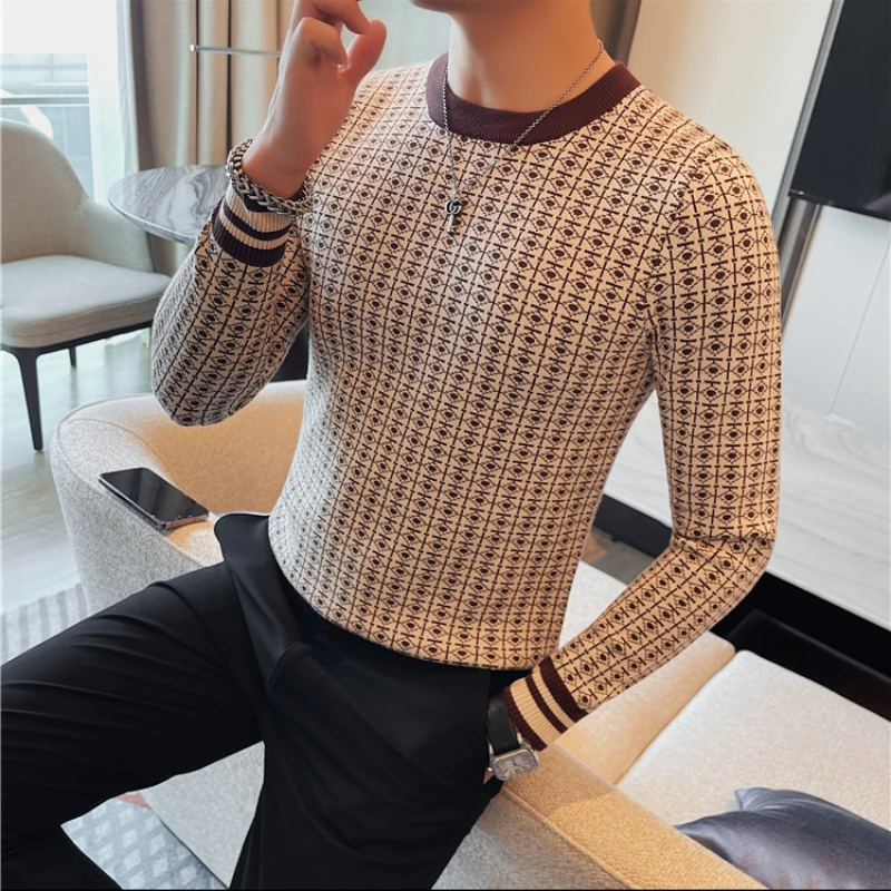 Men's Casual Thick Winter Warm Plaid Pattern Flat Knitted O-Neck Pullover main image 1