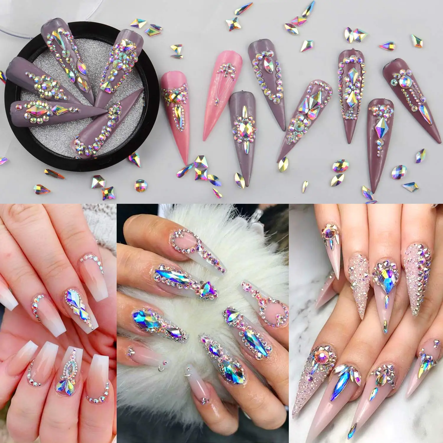 20pcs 믹스 모양 3D DIY 손톱 아트 장식 용품에 대 한 다채로운 크리스탈 네일 다이아몬드 유리 라인 석
