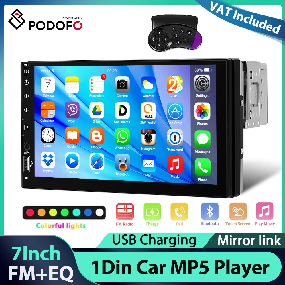 Reproductor MP5 Podofo de 7'' con Pantalla LCD 1Din, Reproductor Multimedia con Mirror Link, EQ, FM, BT, USB, Luces LED, Control del Volante, Estéreo para Auto 1