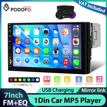 Reproductor MP5 Podofo de 7'' con Pantalla LCD 1Din, Reproductor Multimedia con Mirror Link, EQ, FM, BT, USB, Luces LED, Control del Volante, Estéreo para Auto 1