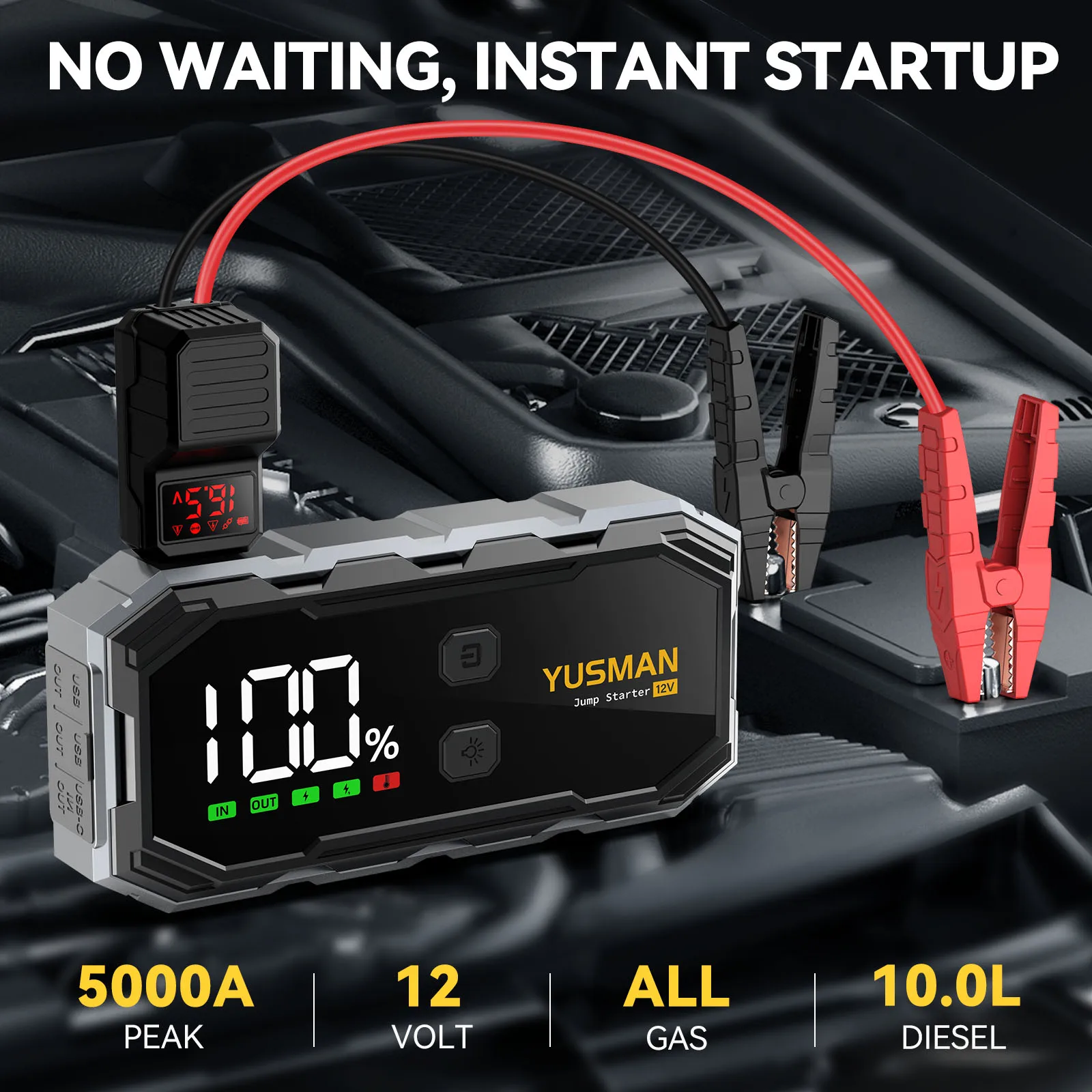 5000A Car Jump Starter Portable Power Bank Car Booster for 10L Diesel Auto Safety Hammer Emergency Starting Device