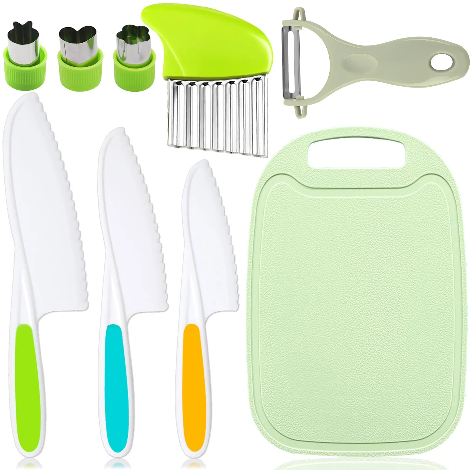 9pcskidskitchenknifesetwithcuttingboardYshapedpeelerWavy