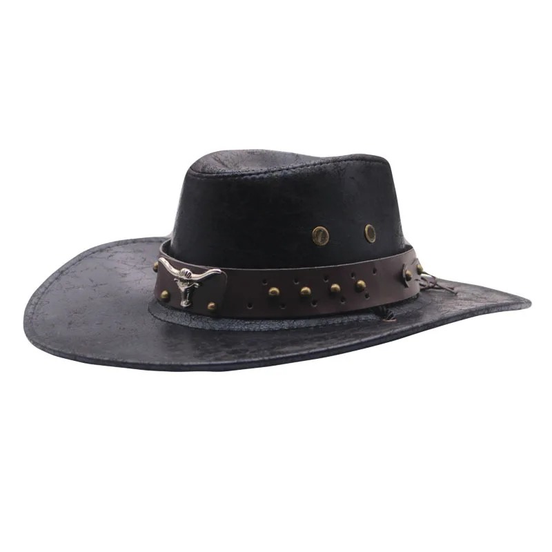 Wide Brim Faux Leather Cowboy Hat with Belt - Unisex Outdoor Fedora Compass - Walrus Hat Diamond Crown Wool Felt Fedora Hat  main image 3