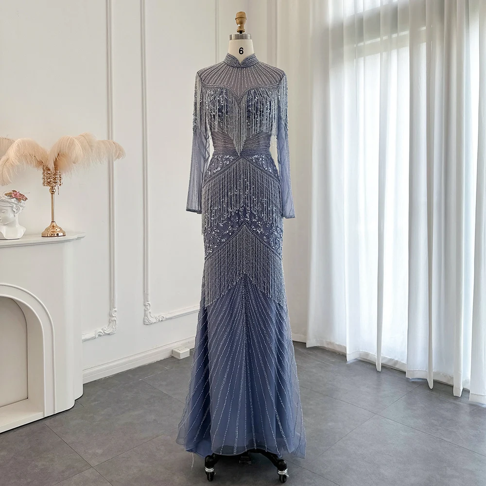 

Scz062 Jancember Heavy Beaded Tassel Blue Luxury Dubai Evening Dresses 2023 Silver Nude Muslim Arabic Women Wedding Party Dress
