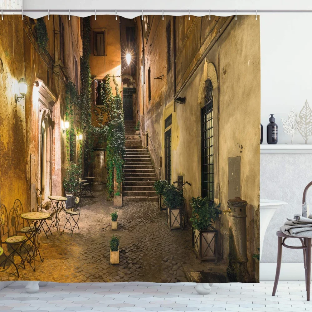 

Italian City Street View Shower Curtain Set Retro Old Courtyard Cafe Chairs Houses Green Plant Town Night Scenery Bathroom Decor