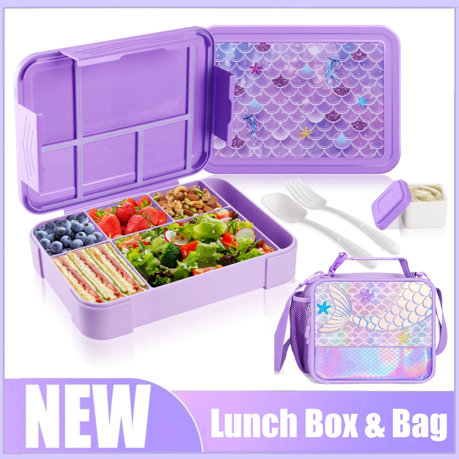 

2024 Kids Lunch Box for School Insulated Lunch Box Bag for Girls Water-resistant Student Lunch Bag New Mermaid Tail Pink Purple
