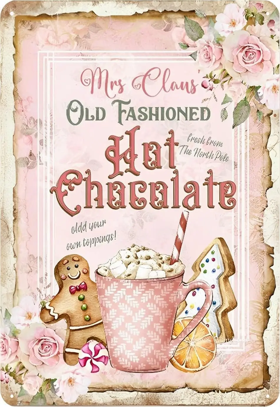 Mrs Claus Hot Chocolate Sign Pink Christmas Hot Cocoa Shabby Chic Tin Sign Vintage Metal Tin Sign Decor Gifts For Girls