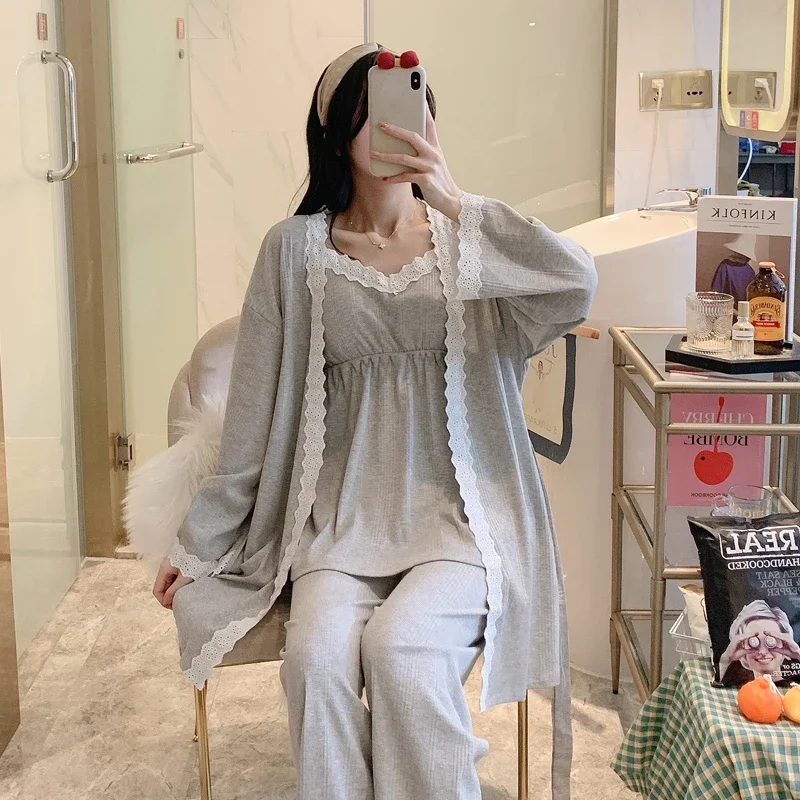 Lace Patchwork Cotton Maternity Nursing Sleepwear Elegant Loose Pajamas Suit for Pregnancy Women Home Sleep Lounge Wear 3PCS Set 2