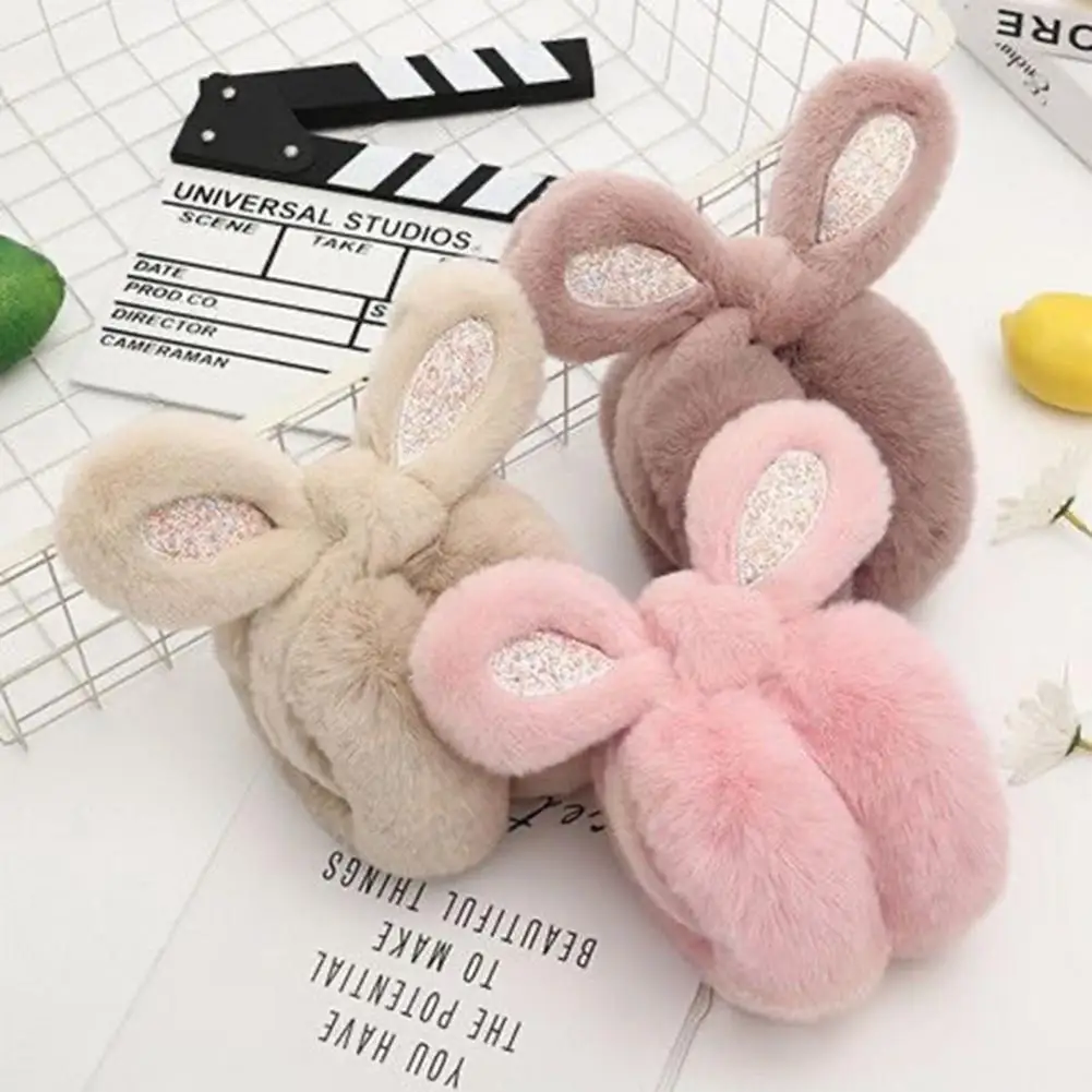 

Women Soft Furry Winter Earmuffs Sequin Rabbit Ear Shape Foldable Warm Ear Covers Outdoor Adjustable Ear Warmers