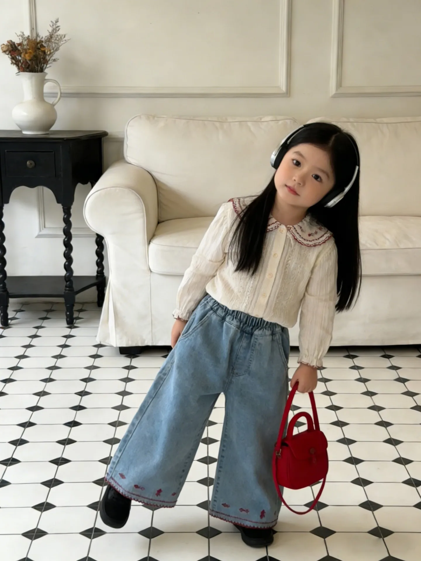 YMGN  여아 블루 데님 스커트, 신축성 있는 허리 레드 자수 밑단 캐주얼 A라인 미디 키즈 하의