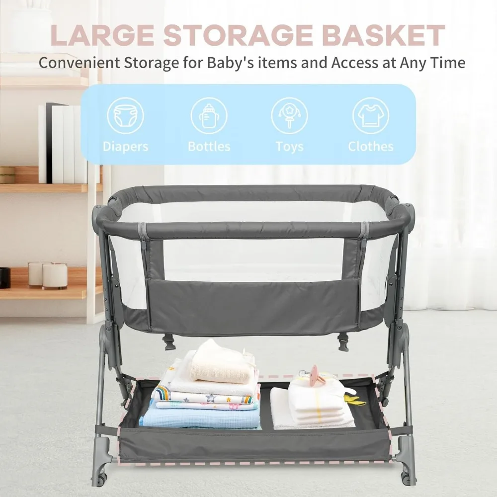 Baby Bassinet Bedside Crib, 5 Height Adjustable Bedside Crib, Newborn Portable Bassinet with Wheels, U-Shaped Diaper Table 3