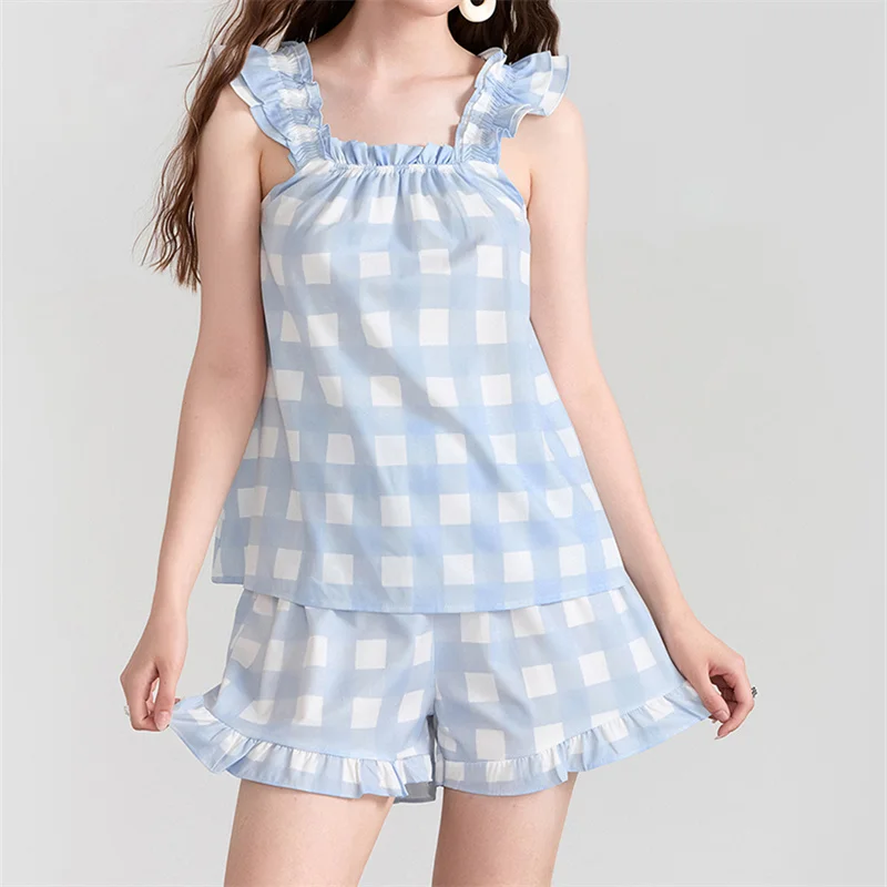 

Женский пижамный комплект из 2-х предметов, Свободный Топ без рукавов на бретельках с оборками и шорты с оборками, Повседневная Пижама для отдыха