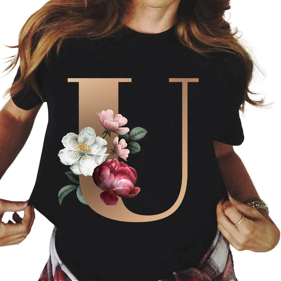 26 Floral alphabet font classic t shirt summer Fashion Harajuku Kawaii TShirt Women Top Tees Female graphic tees