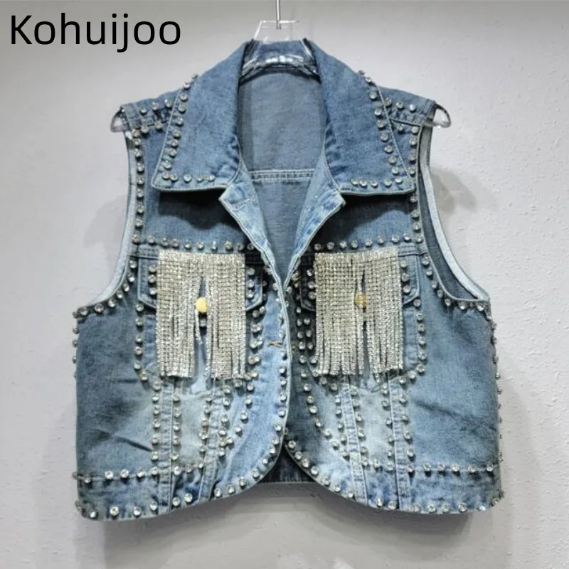 

Kohuijoo Heavy Diamond Women's Vest Jackets Light Blue Sleeveless Heavy Rhinestone Tassels Short Denim Waistcoat Coat Spriing