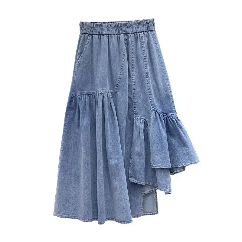 

Fashionable Women Irregular Ruffles Spliced Denim Skirt Korean A-Line All-match Elastic High Waist Skirt Summer Female Clothing