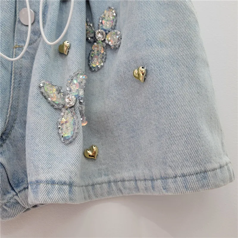 Street Style Hot Girl Wide Leg Shorts Women 2024 Summer New Fashion Rhinestone Beaded High Waist Denim Shorts Womens Shorts