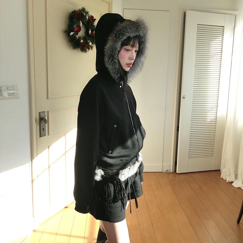 Karrram Japanischer Y2k Dünner Pelzmantel Damen Vintage Koreanischer Stil Schwarze Kapuzenjacke Grunge Ästhetik Pelzkragen Reißverschluss-Mantel 00er Jahre – Detail 9