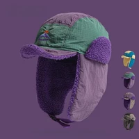 Fashion Embroidered Color Matching Plush Lei Feng Caps for Men and Women Riding Winter Outdoors Warm Earflaps Bomber Hats