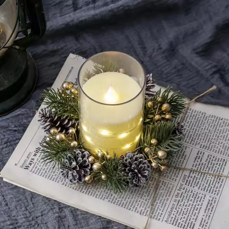 Christmas Candle Ring Artificial Pine Needle Pinecone Berries Garland New Year Party Home Table Decoration Candle Wreath Gifts