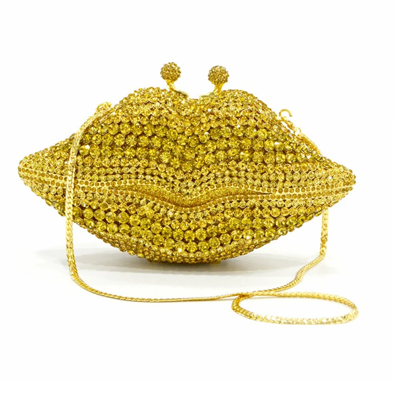 

New Arrival Yellow Handbag Metal Clutches Evening Bags Purses Luxury Mouth Shape Women's Crystal Wedding Bag
