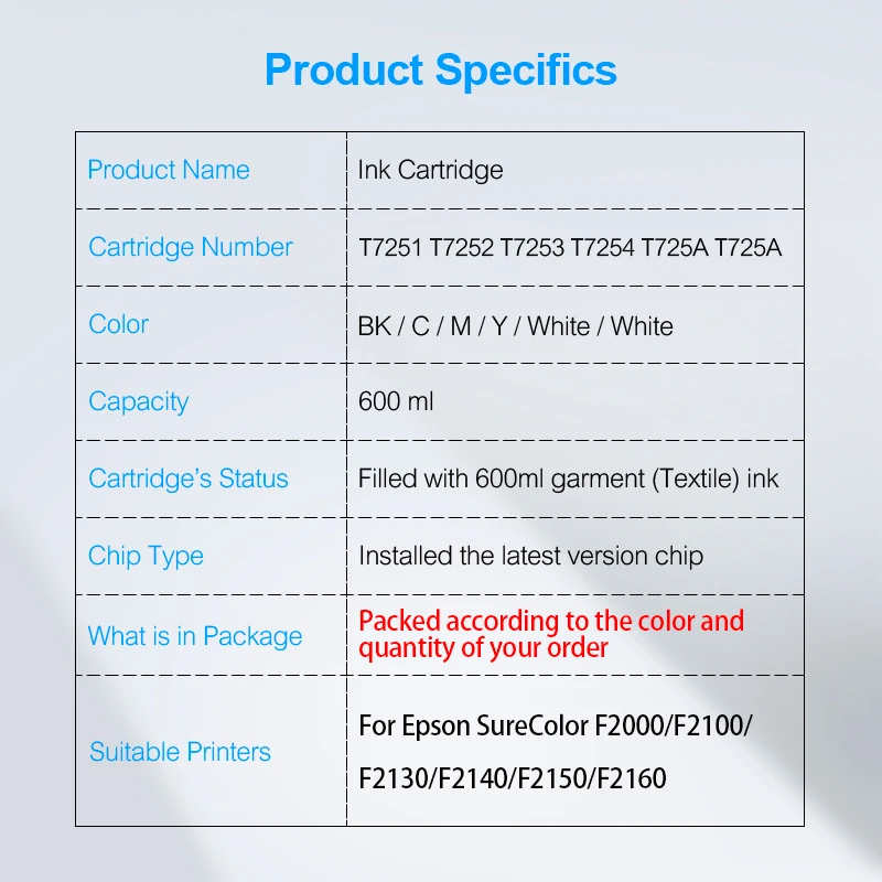 Printer supplies ink cartridge inkjet ink cartridge For Epson SureColor F2000 F2100 F2150 F2160 T7251-T7254 T725A T7251 Compatible Ink Cartridge Filled With DTG Ink 600ML/PC