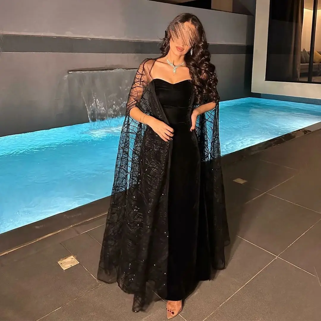 

Sparkly Black Lace Sequin Velvet Evening Dresses With Jacket Sweetheart Long Prom Dress Saudi Arabic Women Formal Party Gowns