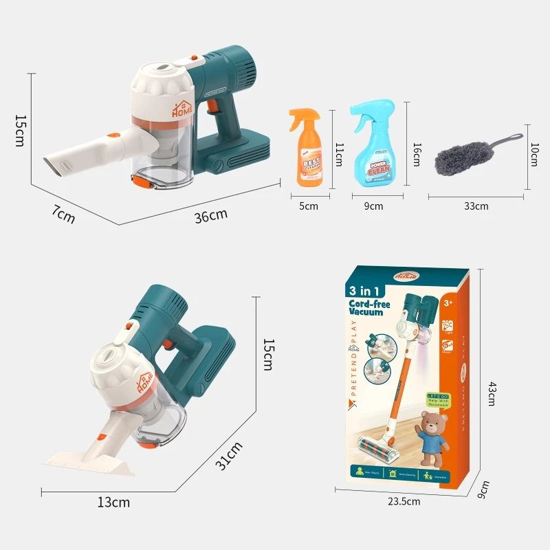 Kids Electric Vacuum Cleaner Toy House Cleaning Toy Pretend for Play Simulation Cleaner with 3 x Nozzle Duster Children 3