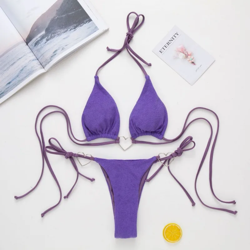 Summer Women Sexy Low Waist Swimsuit Two Pieces Push Up Tropical Solid Color Bikini