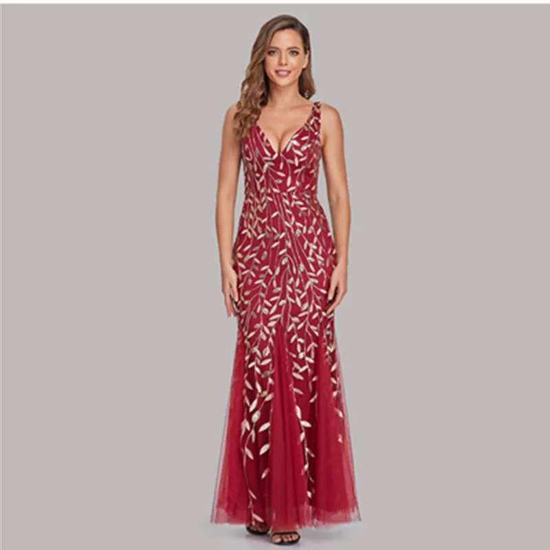 New 2024 dress sexy long sleeveless V-neck embroidered bead patch slim fit fishtail bridesmaid evening dress for women wepbel sexy slim fit dress women