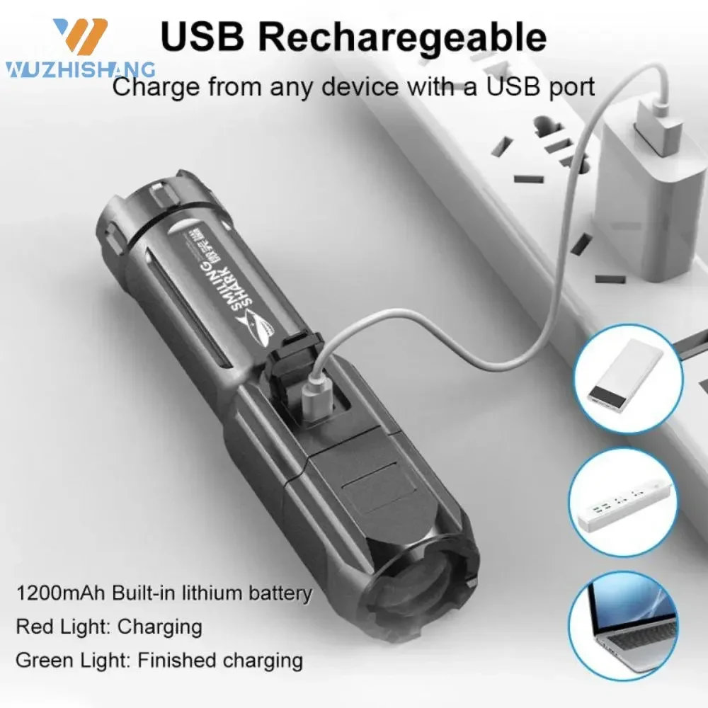 강력한 LED 손전등 100 루멘 전술 손전등 충전식 USB 18650 방수 줌 낚시 사냥 LED 손전등