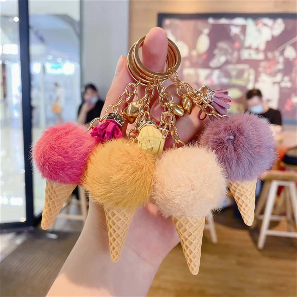 Mini Ice Cream Keychain Pom Pom Hairball Cute Flower Tassel Pendants Keyring Women Bag Decoration Car Key Accessories Gifts