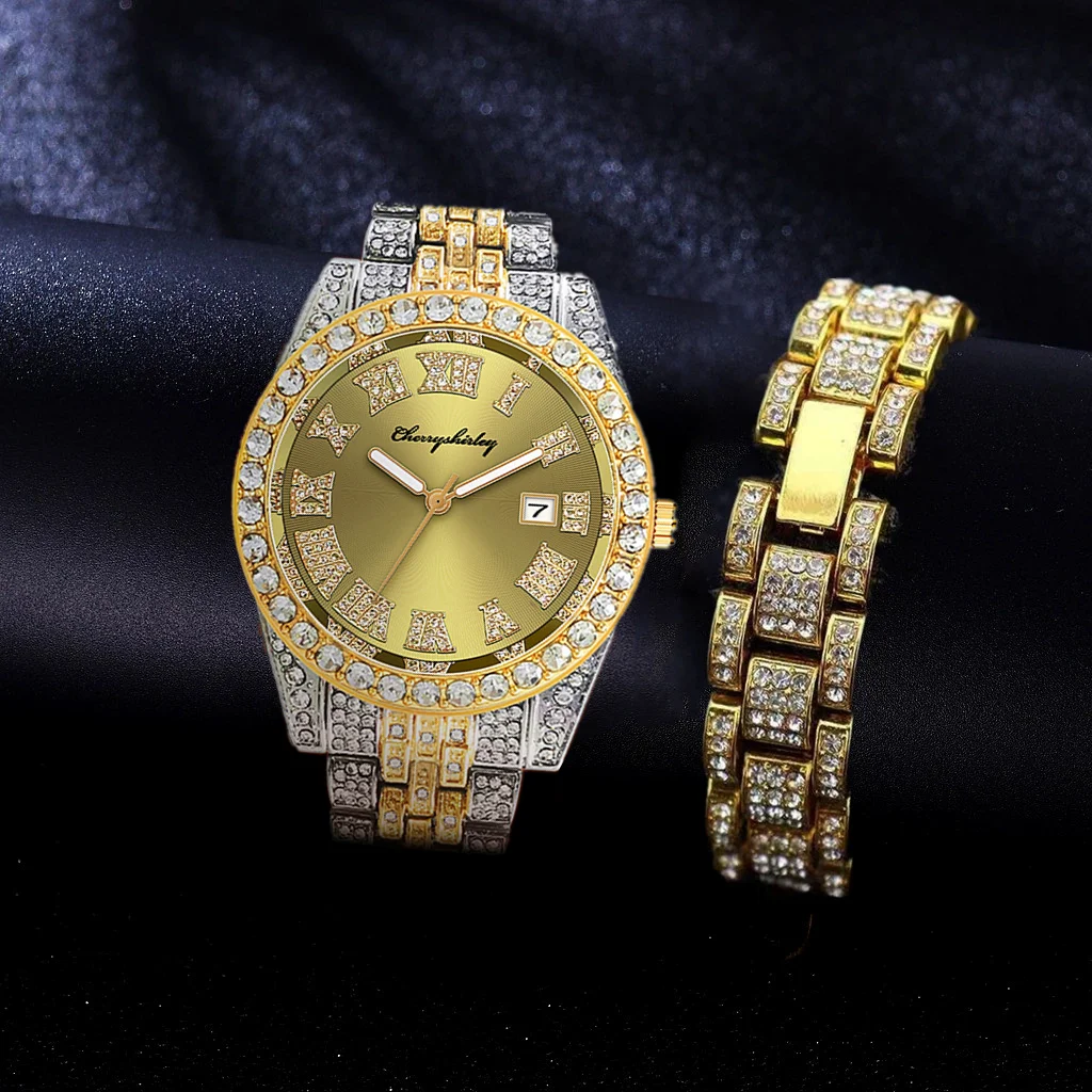 Full Iced Out Watches Men's Bracelet Green Water Ghost Bling Jewelry for Men Gold Wristwatch Hip Hop Women Set Clocks Boys Gifts