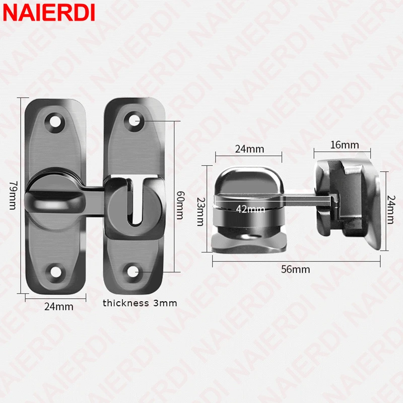 NAIERDI Door Hasp Latch 90/180 Degree Hasp Latches Sliding Door Chain Locks Security Hardware For Window Cabinet Hotel Home Window Door Locks