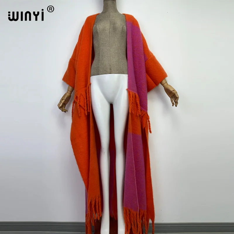 WINYI new Africa Winter Women tassel Cardigan coat Loose Christmas dress  robe longue Thick Warm free size orange printing Kaftan - AliExpress  200000345