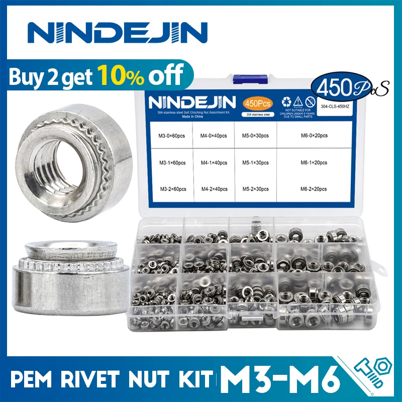 Nindejin 450 Peças Pem Rebite Porca Auto de Cls Cls m3 m4 m5 m6 Pressão Rebitagem Porca Variedade Kit para Folha Aço Inoxidável