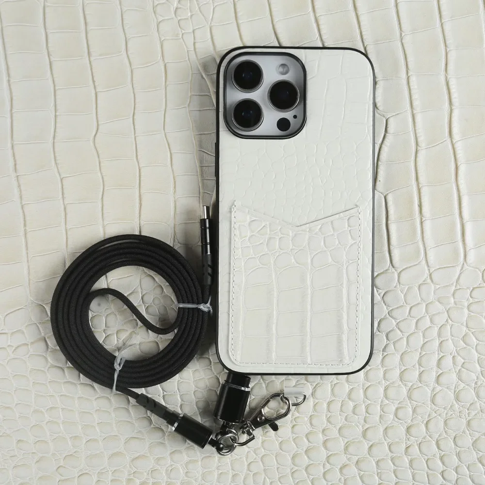 Versatile Handmade Genuine Leather Phone Case with Lanyard and USB Charging Cable