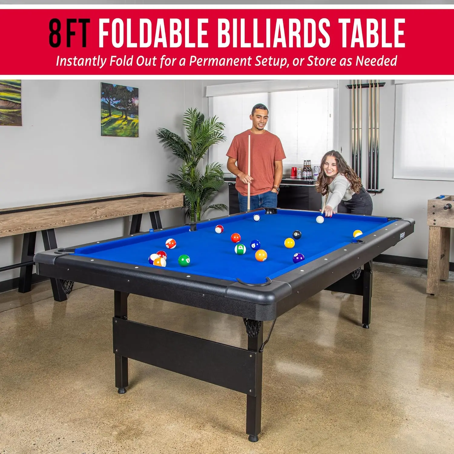8 ft Billiards Table - Portable Pool Table - Includes Full Set of Balls, 2 Cue Sticks, Chalk and Felt Brush