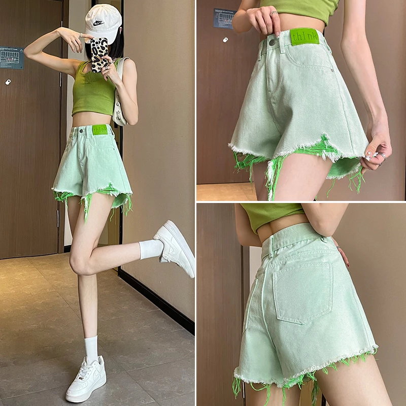 

Perforated denim shorts for women's summer thin 2023 new high waisted small loose fitting wide leg hot pants trend
