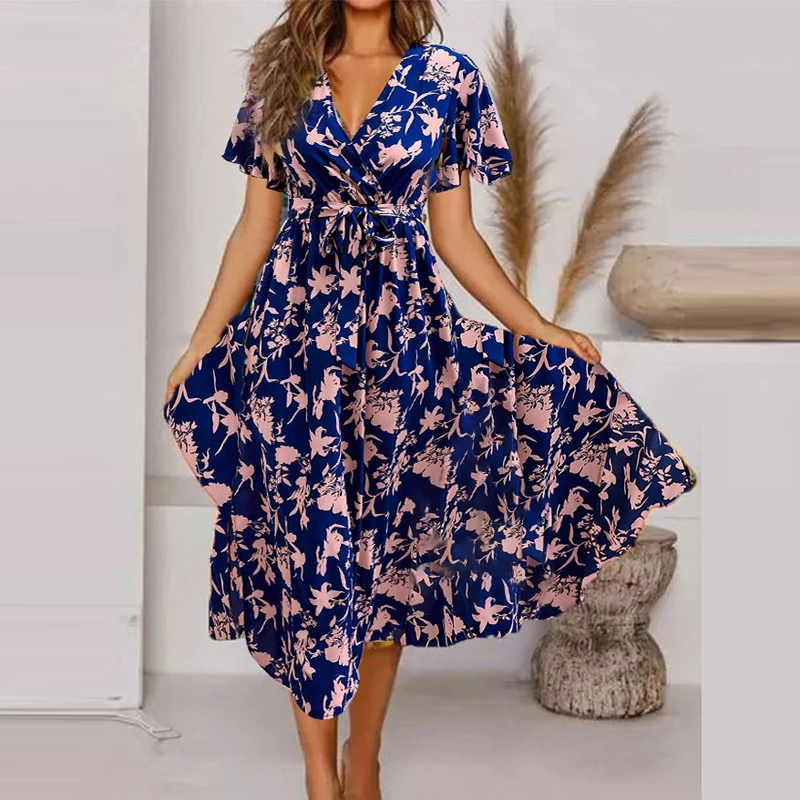 

Fashion Female Casual V-Neck Floral Printed A-Line Dress Vintage Streetwear Dress New Summer Women's Short Sleeve Waist Dresses