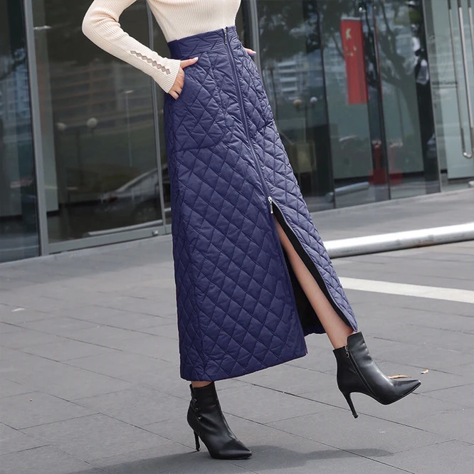 a line skirt Autumn  Winter New Thickened Down Cotton Skirt Women's Skirt Mid Length Cold Proof Fashion Warm Versatile Girl  Clothes Red black skirt