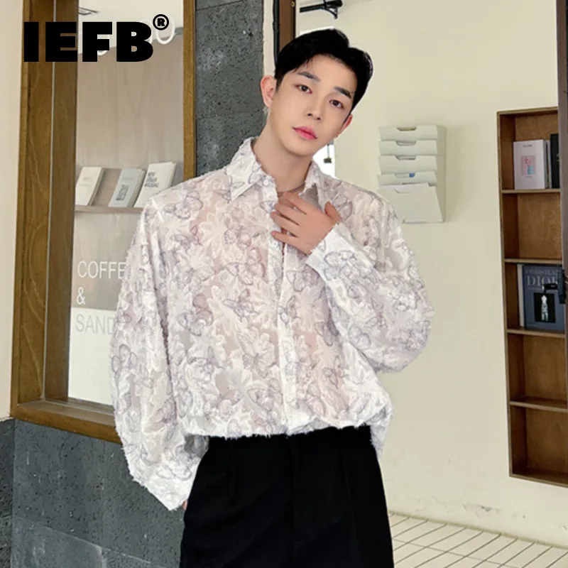 

IEFB Male Shirt 2024 New Trendy Korean Style Personalized Embroidery Hollow Leisure Lapel Long Sleeve Loose Top 9C5789