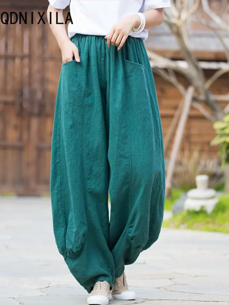 

Elastic Waist Solid Color Trouser Spring New 2023 Pockets Loose Vintage Long Pants Women Casual Linen Wide Leg Pants Streetwear