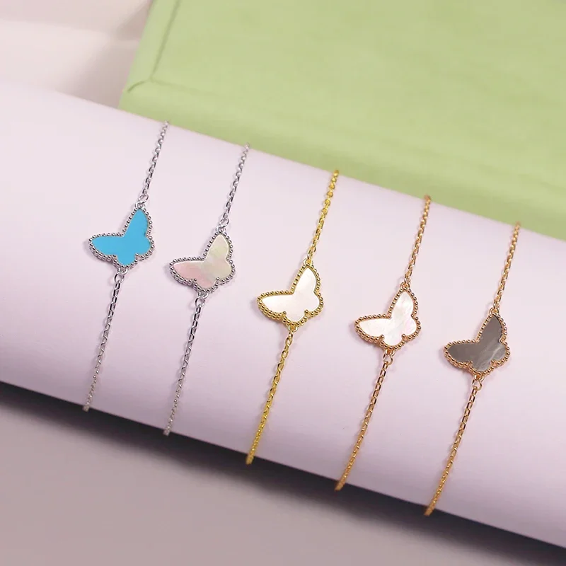 

925 Sterling Silver Natural Mini Butterfly Bracelet Women's Fashion Brand Gift Elegant Luxury Jewelry 24k of Real Gold Gemstones
