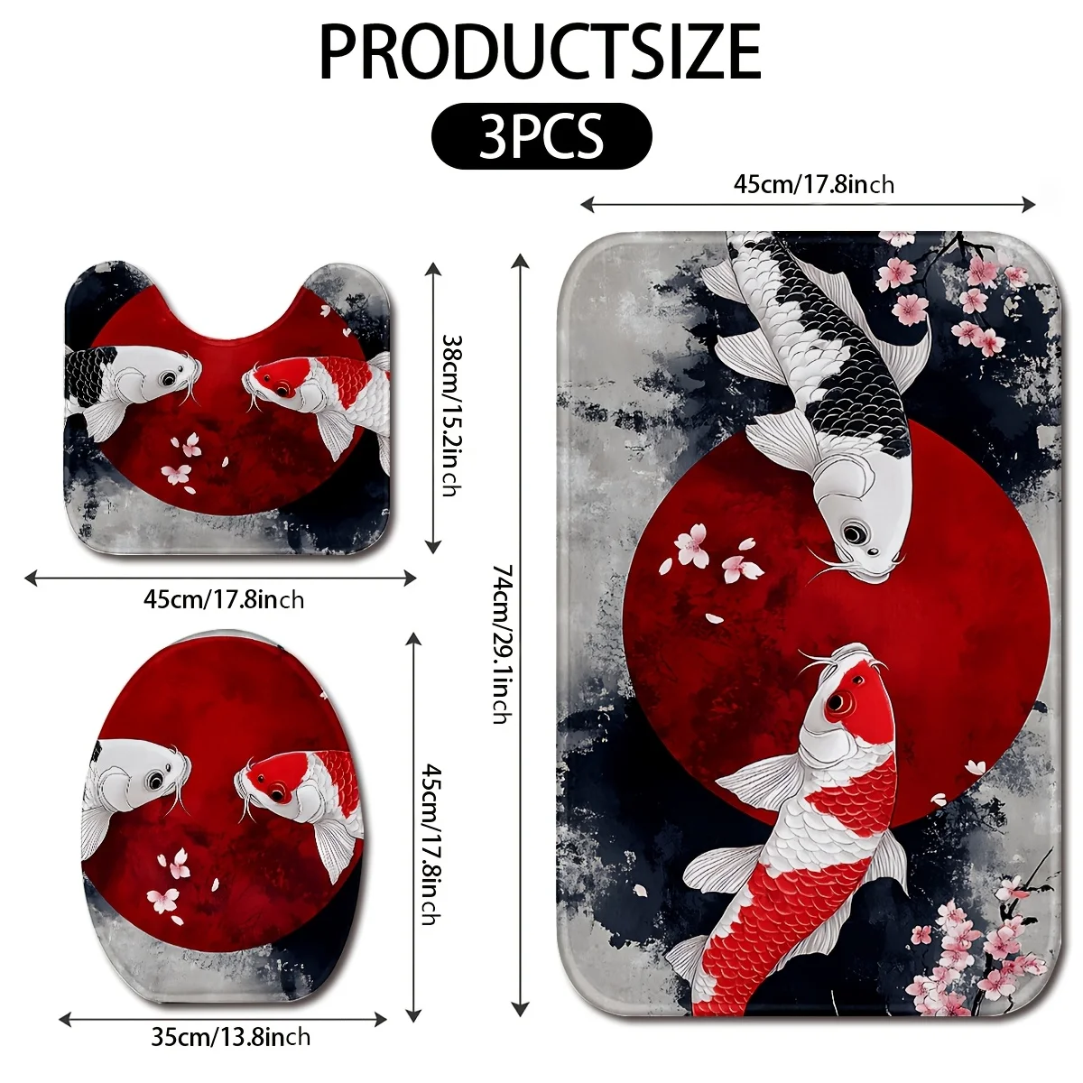 Oriental Black and Red Koi Bathroom Set - Anti Pulley Profile Mat, Toilet Lid, and Bath Mat for Elegant Home Decor 6