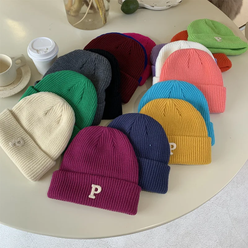 

Autumn Winter Lady Beanies Letter P Pattern Women Girls Knitted Hats Soft Thicken Warm Caps 12 Colors