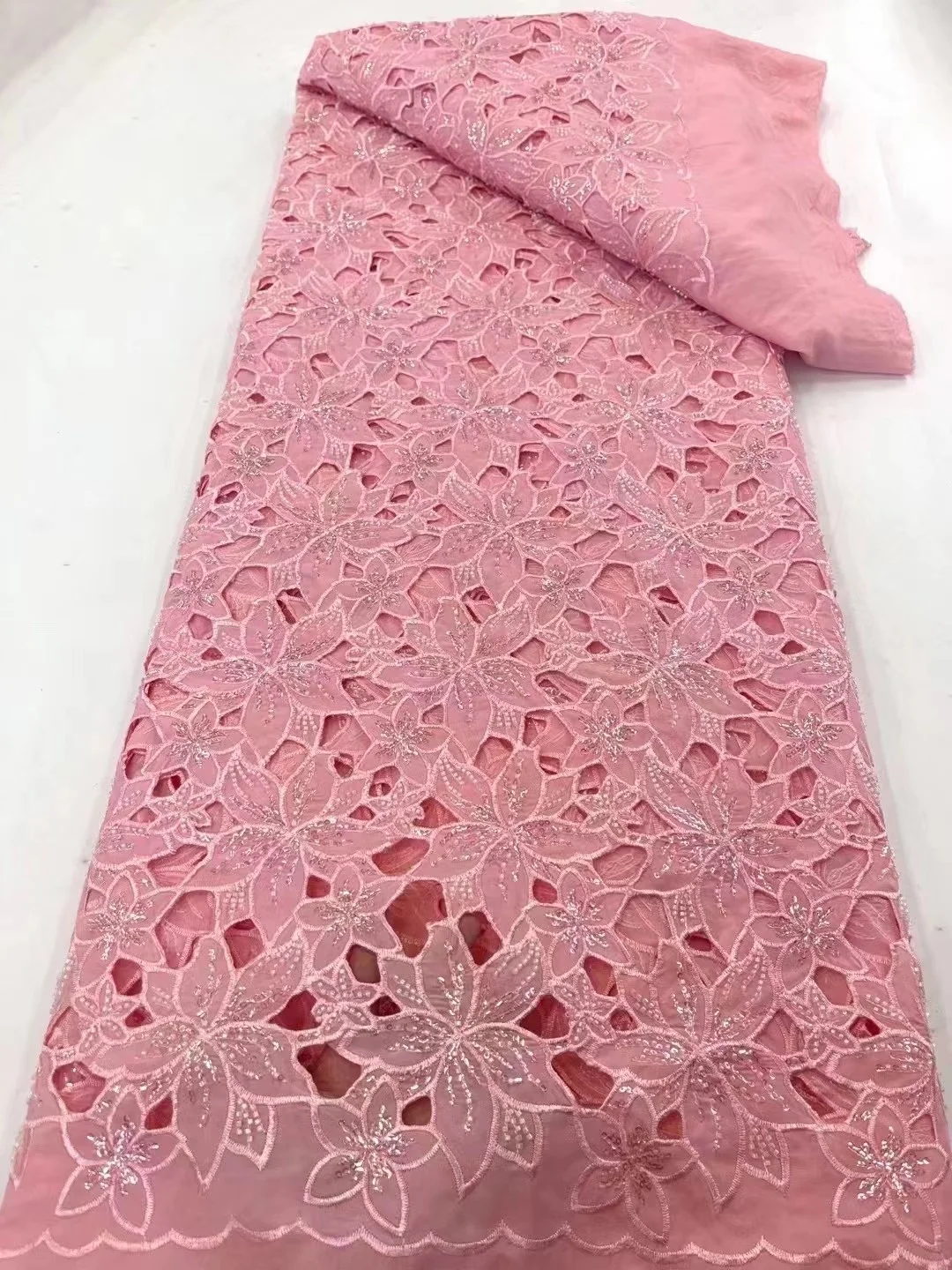 

Pink African Cord Guipure Lace Fabric With Sequins beades 2023 Nigerian Milk Silk Lace Fabric For French Women Party Dresses