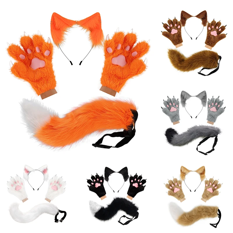 Costume per Halloween, cosplay di gatto, orecchie e coda di gatto, pelliccia sintetica, animale, volpe, coda lunga, set di orecchie per Halloween, tema per feste in costume