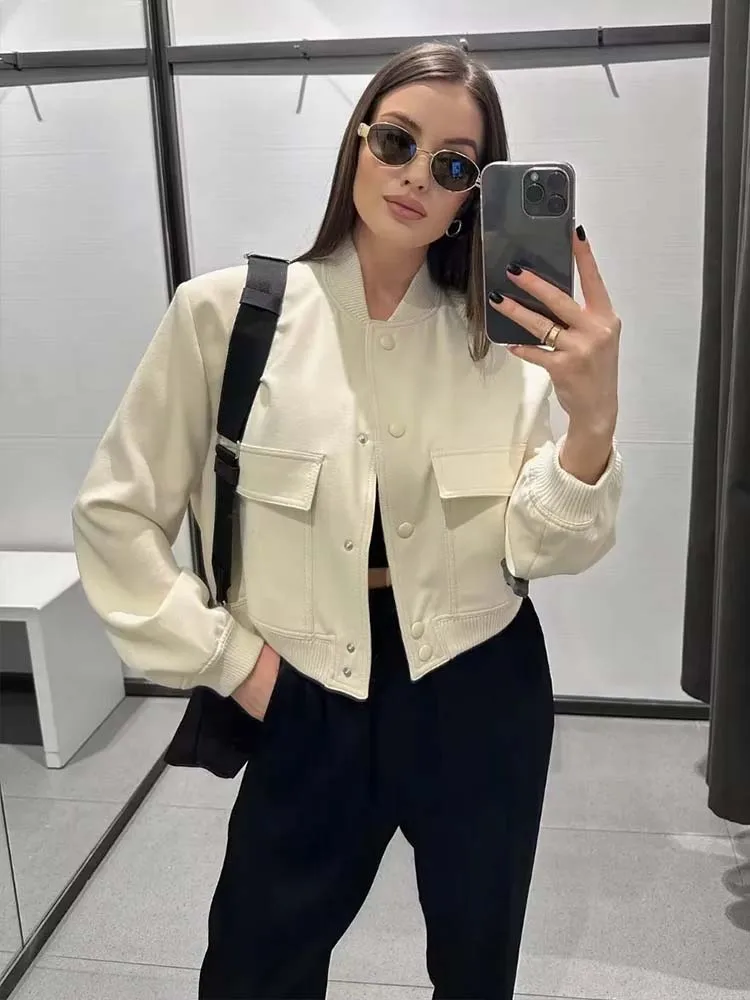 

2023 Women's Bomber Jacket Fashion with Pockets Spring Jackets Coat Vintage Long Sleeve Casual New In Outerwears Chic Tops