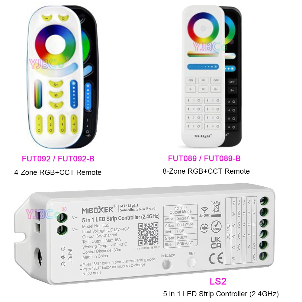 Miboxer 3V 2.4G RGBCCT 4 Zone wireless RF Remote 8 Zone RGB+CCT Wall switch;12V~48V 24V 15A 2.4GHz 5 in 1 LED Strip Controller