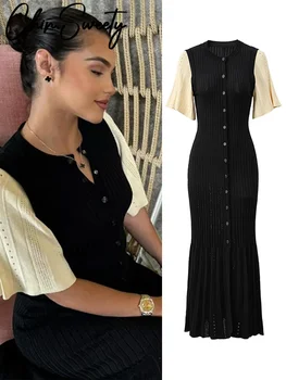 Elegant Knitted Ribbed Long Dress Women Slim Wave O-neck Short Sleeve Hip Package Dresses Female 2026 Spring Lady  Robe 1